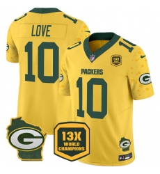 Men Green Bay Packers 10 Jordan Love Cheese Gold 2024 F U S E  13 Time World Champions And Home Patch Vapor Untouchable Limited Stitched Football Jersey