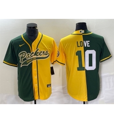 Men Green Bay Packers 10 Jordan Love Green Gold Split Cool Base Stitched Baseball Jersey