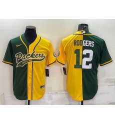 Men Green Bay Packers 12 Aaron Rodgers Green Yellow Split With Patch Cool Base Stitched Baseball Jersey