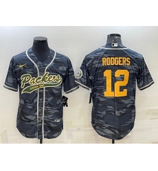 Men Green Bay Packers 12 Aaron Rodgers Grey Gold Camo With Patch Cool Base Stitched Baseball Jersey