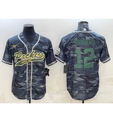 Men Green Bay Packers 12 Aaron Rodgers Grey Green Camo With Patch Cool Base Stitched Baseball Jersey