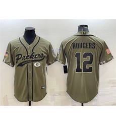 Men Green Bay Packers 12 Aaron Rodgers Olive 2022 Salute To Service Cool Base Stitched Baseball Jersey