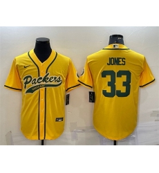 Men Green Bay Packers 33 Aaron Jones Gold With Patch Cool Base Stitched Baseball Jersey