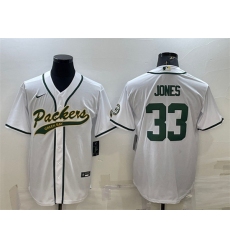 Men Green Bay Packers 33 Aaron Jones White With Patch Cool Base Stitched Baseball Jersey