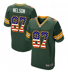 Men Nike Green Bay Packers 87 Jordy Nelson Elite Green Home USA Flag Fashion NFL Jersey
