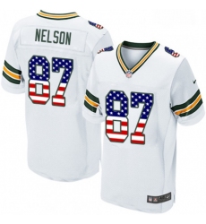 Men Nike Green Bay Packers 87 Jordy Nelson Elite White Road USA Flag Fashion NFL Jersey
