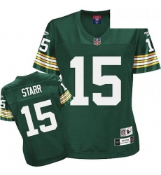 Reebok Green Bay Packers 15 Bart Starr Green Womens Throwback Team Color Premier EQT NFL Jersey