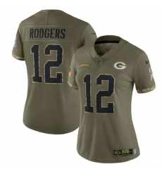 Women Green Bay Packers 12 Aaron Rodgers Olive 2022 Salute To Service Limited Stitched Jersey