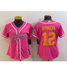 Women Green Bay Packers 12 Aaron Rodgers Pink Gold With Patch Cool Base Stitched Baseball Jersey