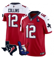 Men Houston Texans 12 Nico Collins Red White 2023 F U S E  With Hand Sign Throwing Up The H Patch Vapor Untouchable Limited Stitched Football Jersey