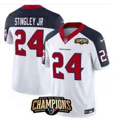 Men Houston Texans 24 Derek Stingley Jr  White Navy 2023 F U S E  With AFC South Champions Patch And Team Logo Patch Limited Stitched Football Jersey