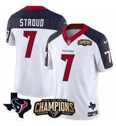 Men Houston Texans 7 C J  Stroud White Navy 2023 F U S E  AFC South Champions Patch And Team Logo Patch Vapor Untouchable Limited Stitched Football Jersey