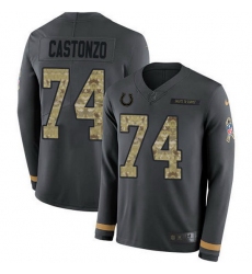 Nike Colts 74 Anthony Castonzo Anthracite Salute to Service Men Stitched NFL Limited Therma Long Sleeve Jersey