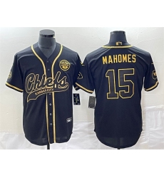 Men Kansas City Chiefs 15 Patrick Mahomes Black Gold Cool Bae Stitched Baseball Jersey