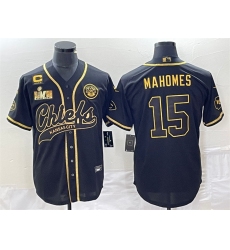 Men Kansas City Chiefs 15 Patrick Mahomes Black Gold With 4 Star C Patch And Super Bowl LVII Patch Cool Bae Stitched Baseball Jersey