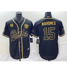 Men Kansas City Chiefs 15 Patrick Mahomes Black Gold With 4 Star C Patch Cool Bae Stitched Baseball Jersey