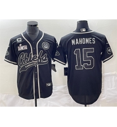 Men Kansas City Chiefs 15 Patrick Mahomes Black With 4 Star C Patch And Super Bowl LVII Patch Cool Bae Stitched Baseball Jersey