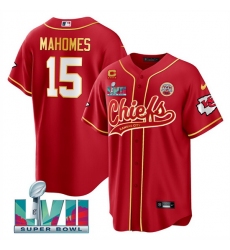 Men   Kansas City Chiefs 15 Patrick Mahomes Red With 4 Star C Patch And Super Bowl LVII Patch Cool Bae Stitched Baseball Jersey