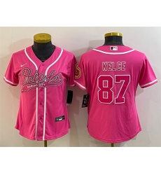 Women Kansas City Chiefs 87 Travis Kelce Pink With Patch Cool Base Stitched Baseball Jersey