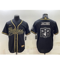 Men Las Vegas Raiders 28 Josh Jacobs Black Gold Team Big Logo With Patch Cool Base Stitched Baseball Jersey
