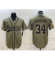 Men Las Vegas Raiders 34 Bo Jackson 2022 Olive Salute To Service Cool Base Stitched Baseball Jersey