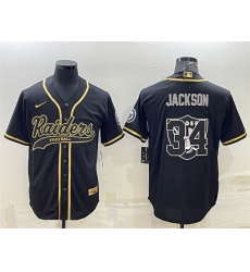 Men Las Vegas Raiders 34 Bo Jackson Black Gold Team Big Logo With Patch Cool Base Stitched Baseball Jersey