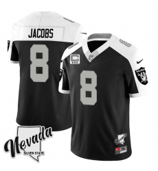 Men Las Vegas Raiders 8 Josh Jacobs Black White 2023 F U S E Nevada Silver Stat With 3 Star C Patch Stitched Football Jersey