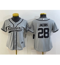 Women Las Vegas Raiders 28 Josh Jacobs Grey With Patch Cool Base Stitched Baseball Jersey