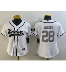 Women Las Vegas Raiders 28 Josh Jacobs White Silver With Patch Cool Base Stitched Baseball Jersey