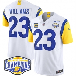 Men Los Angeles Rams 23 Kyren Williams White 2024 NFC West Champions With 4 Star C Patch F U S E  Vapor Untouchable Stitched Football Jersey