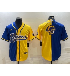 Men Los Angeles Rams Royal Yellow Split Team Big Logo With Patch Cool Base Stitched Baseball Jersey