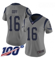 Rams #16 Jared Goff Gray Women Stitched Football Limited Inverted Legend 100th Season Jersey