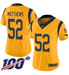 Women Rams 52 Clay Matthews Gold Stitched Football Limited Rush 100th Season Jersey