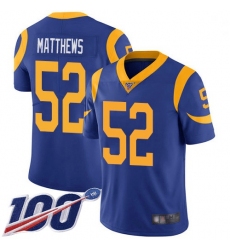 Youth Rams 52 Clay Matthews Royal Blue Alternate Stitched Football 100th Season Vapor Limited Jersey