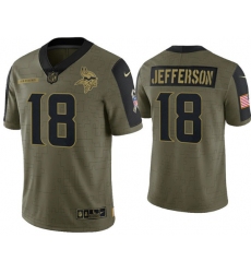 Men Minnesota Vikings 18 Justin Jefferson 2021 Olive Salute To Service Limited Stitched Jersey