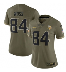 Women Minnesota Vikings 84 Randy Moss 2022 Olive Salute To Service Limited Stitched Jersey