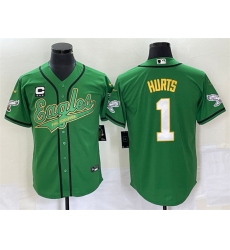 Men Philadelphia Eagles 1 Jalen Hurts Green With C Patch Cool Base Stitched Baseball Jersey