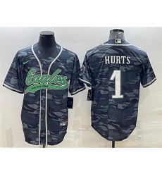Men Philadelphia Eagles 1 Jalen Hurts Grey Camo With Patch Cool Base Stitched Baseball Jersey