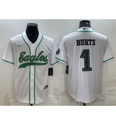 Men Philadelphia Eagles 1 Jalen Hurts White With Patch Cool Base Stitched Baseball Jersey