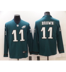 Men Philadelphia Eagles 11 A J Brown Green Therma Long Sleeve Stitched jersey
