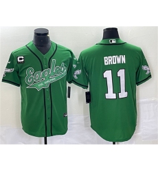 Men Philadelphia Eagles 11 A  J  Brown Green With C Patch Cool Base Stitched Baseball Jersey