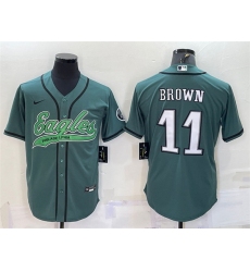 Men Philadelphia Eagles 11 A  J  Brown Green With Patch Cool Base Stitched Baseball Jersey