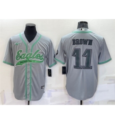 Men Philadelphia Eagles 11 A  J  Brown Grey With Patch Cool Base Stitched Baseb