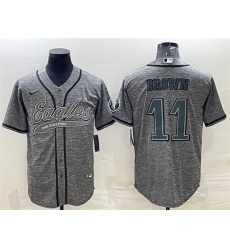 Men Philadelphia Eagles 11 A  J  Brown Grey With Patch Cool Base Stitched Baseball Jersey