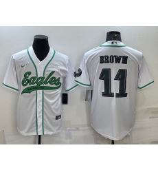 Men Philadelphia Eagles 11 A J Brown White With Patch Cool Base Stitched Baseball Jersey