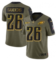 Men Philadelphia Eagles 26 Miles Sanders 2021 Olive Camo Salute To Service Golden Limited Stitched Jersey