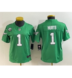 Women Philadelphia Eagles 1 Jalen Hurts Green 2023 F U S E  With C Patch Stitched Football Jersey  Run Small