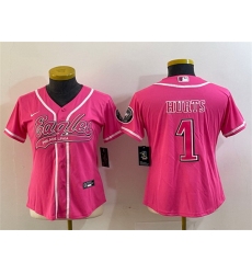 Women Philadelphia Eagles 1 Jalen Hurts Pink Cool Base Stitched Baseball Jersey  Run Small