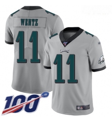 Eagles #11 Carson Wentz Silver Youth Stitched Football Limited Inverted Legend 100th Season Jersey