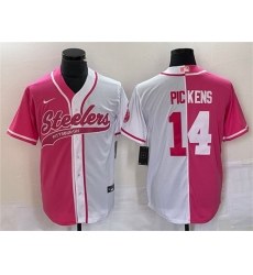 Men Pittsburgh Steelers 14 George Pickens White Pink Split Cool Base Stitched Baseball Jersey